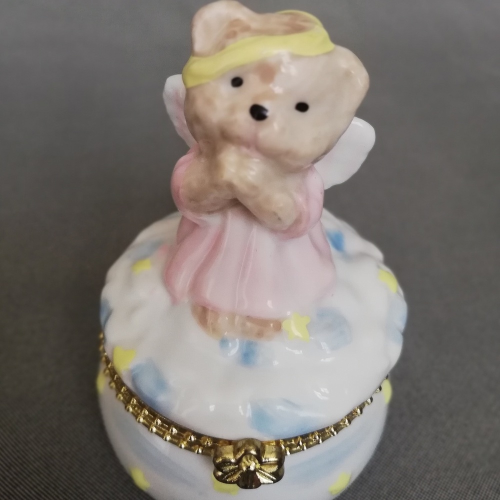 Vintage Teddy Bear Angel Sitting On Cloud Porcelain Hinged Trinket Box - Giftco